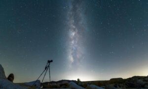A surveyor’s tripod stands under a glowing night sky, symbolizing how solar storms and the Northern Lights can affect ALTA Land Title Survey accuracy.