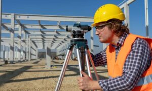Surveyor using a level instrument at a construction site before building begins