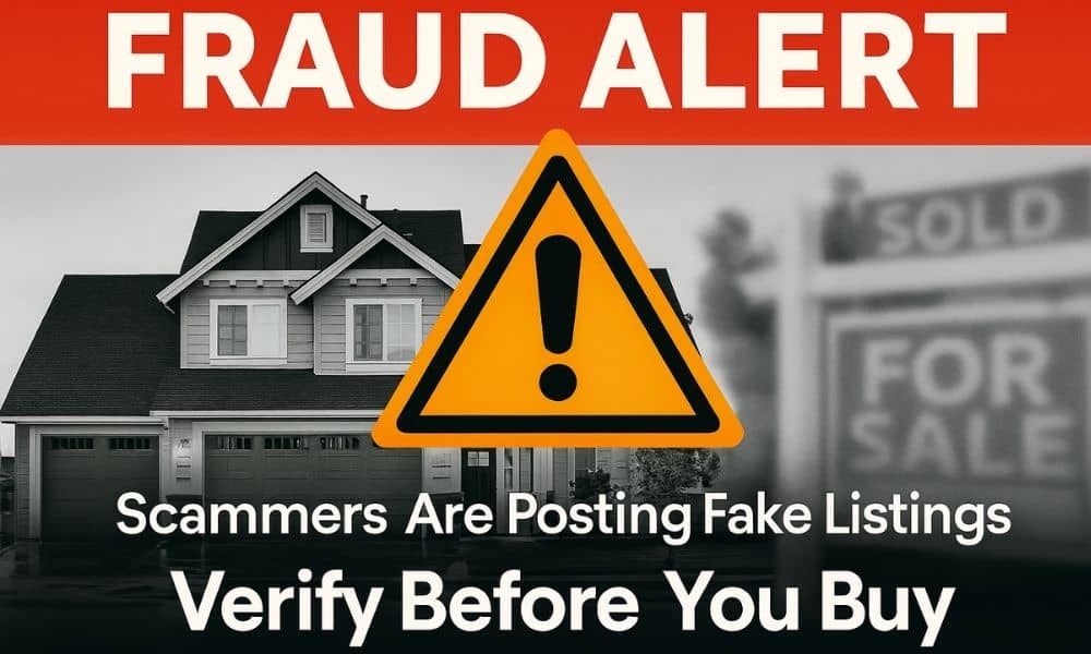 Fraud alert fake real estate listings warning - ALTA SURVEY Idaho Fraud alert graphic showing a house and a warning sign about fake listings, highlighting why buyers should verify ownership with an ALTA title survey