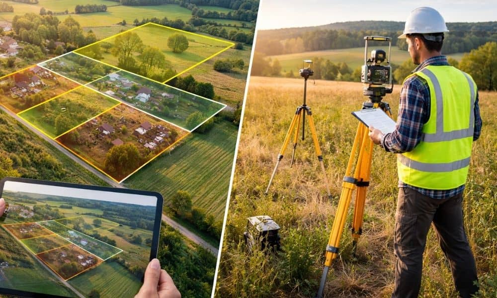 Professional land surveyor verifying property boundaries in the field, showing how ALTA surveys provide accuracy beyond viral land mapping images