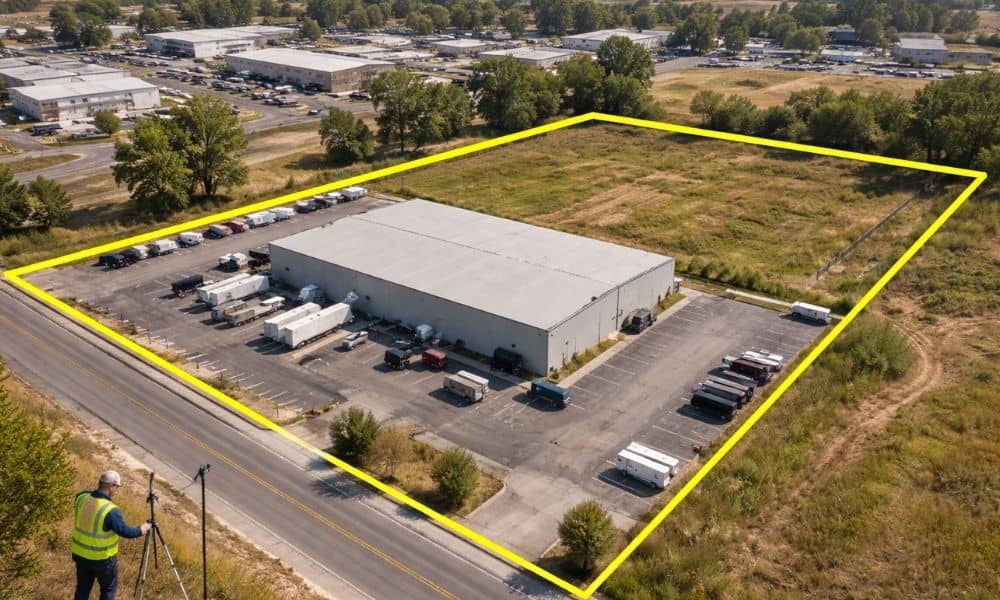 Aerial view of a commercial warehouse property with boundary lines marked during an ALTA title survey to identify potential easement conflicts before closing
