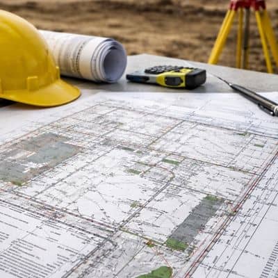 Detailed survey plan and equipment at a commercial construction site showing the importance of an ALTA land survey during development