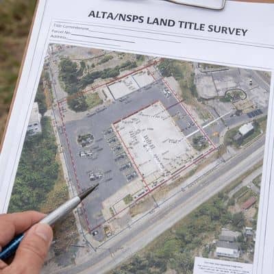 Close-up of a property survey map document used for an ALTA land title survey review
