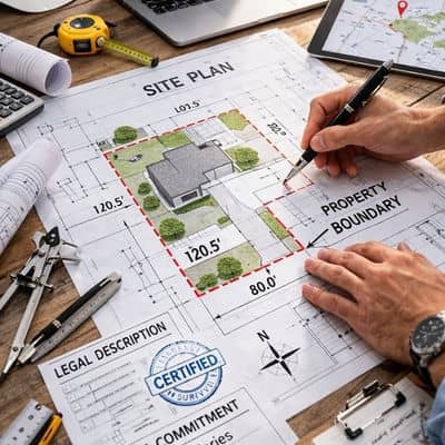 Surveyor reviewing site plan and title documents - ALTA SURVEY Idaho Licensed surveyor reviewing site plans and title commitment documents as part of an ALTA land title survey process