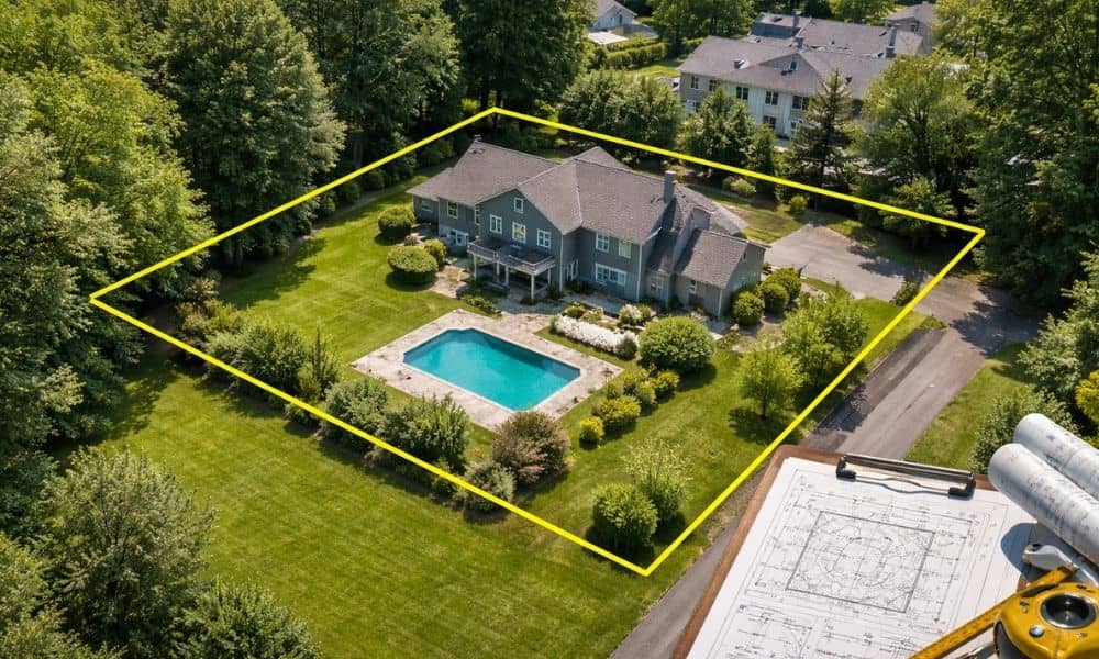 Aerial residential property boundaries - ALTA SURVEY Idaho Aerial view of a residential property with highlighted boundaries showing an ALTA land title survey in progress