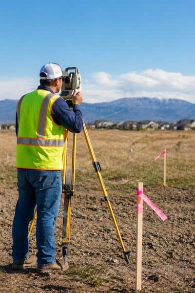 Land surveyor using equipment in the field measuring boundary points on open land during early site work