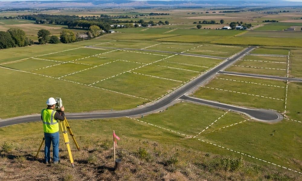 Aerial view of open land with early subdivision layout markings and planned road lines before development begins