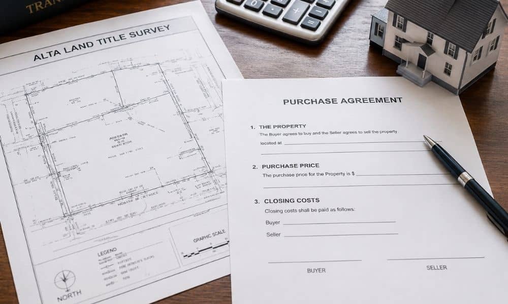Real estate closing documents with an ALTA land title survey, purchase agreement, calculator, and house model on a desk during a property transaction