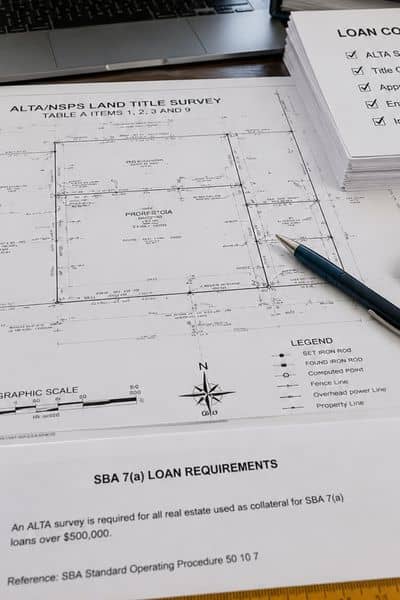 Office desk with ALTA land title survey documents, lender paperwork, property maps, and loan requirement files during a commercial review process