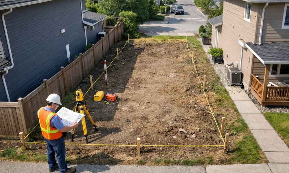 Surveyor performing an ALTA survey on a narrow infill lot to evaluate property access before development