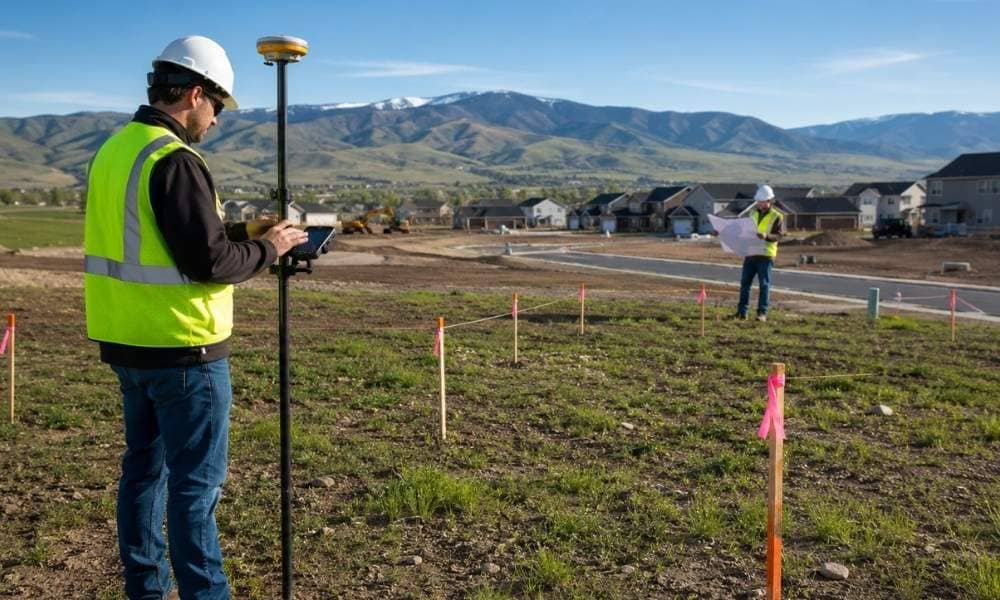 Surveyor performing a boundary survey before subdivision design on a small residential development