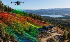 Drone using LiDAR to scan a steep hillside building site, creating a detailed terrain model for construction planning before grading begins