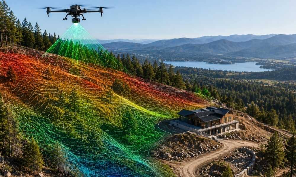 Drone using LiDAR to scan a steep hillside building site, creating a detailed terrain model for construction planning before grading begins