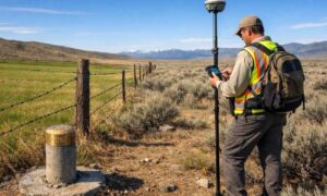 A land surveyor performs a boundary survey along a fence line separating private property from BLM land