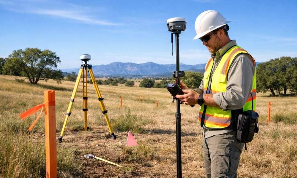 A licensed surveyor conducts a land survey on a vacant parcel using GPS equipment to verify property boundaries