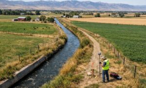 Land surveyor examining an irrigation ditch on rural farmland during a property boundary survey