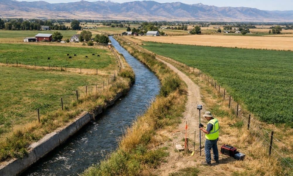 Surveying an irrigation ditch - ALTA SURVEY Idaho Land surveyor examining an irrigation ditch on rural farmland during a property boundary survey